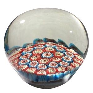 Millefiori Glass Paperweight Red Blue Yellow Vintage